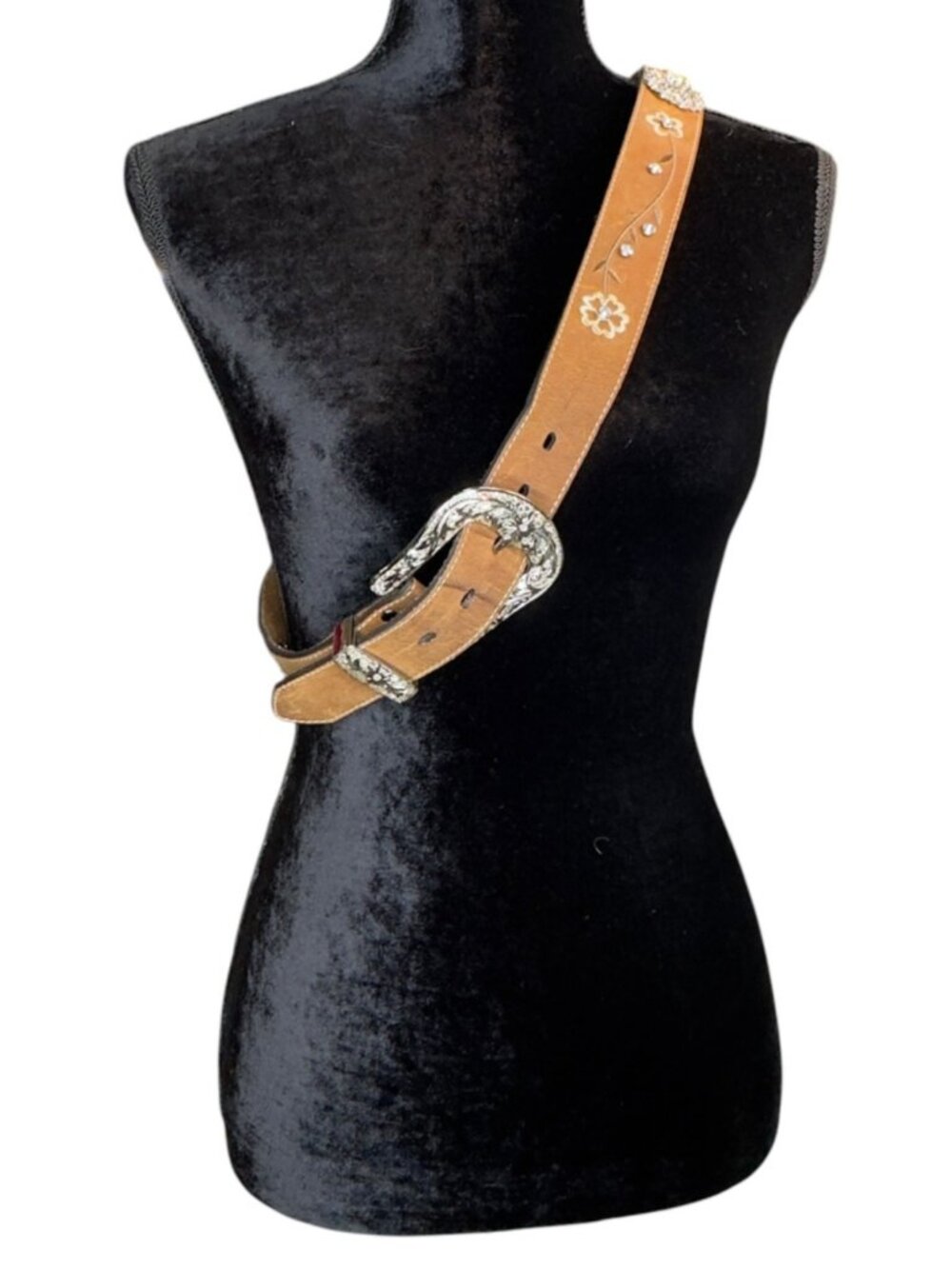 Ariat Western Leather Belt Rhinestone Floral Buckle Brown Womens Large